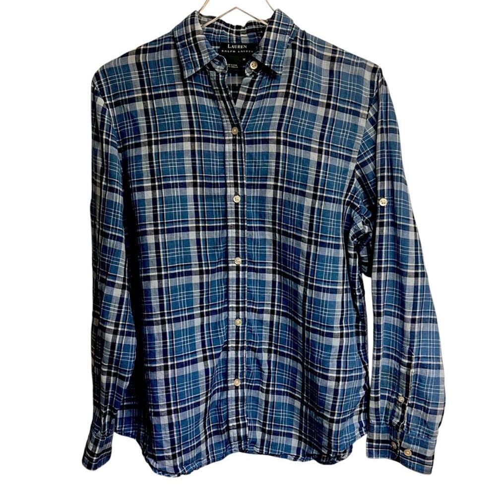 Lauren Ralph Lauren 100% Linen Blue Plaid Long Sleeve Button Up Shirt | Medium